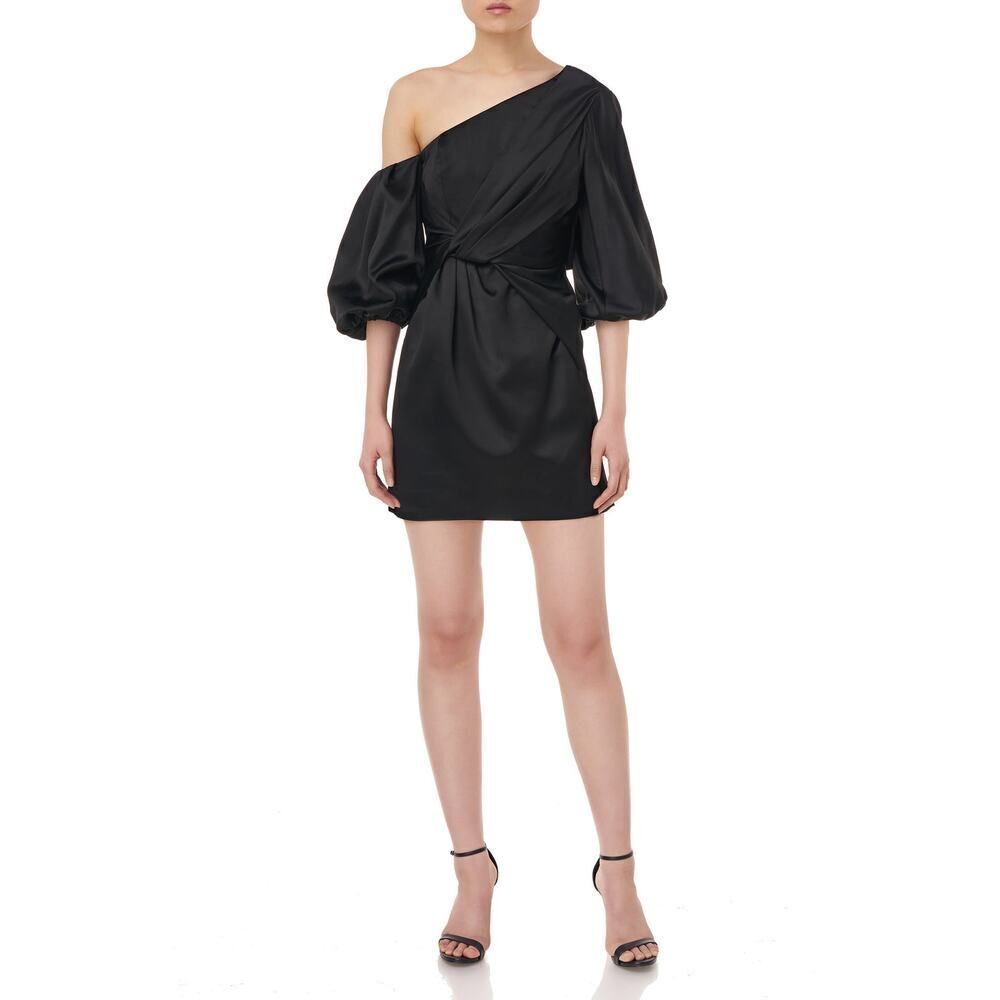 Amur Alessandra One-Shoulder Satin Minidress Women's 12 Black Twisted Front NWOT